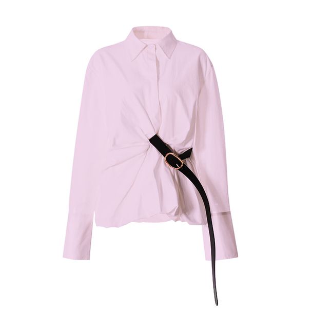New Pleated Waist Shirt White Casual Design Belt Fashion Temperament Midi Top_ecoleips.com