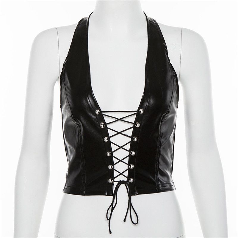 2021 Summer New European And American Style Women's Halter Neck Sexy Lace-Up Hollow Out Crop PU Tank Top For Women_ecoleips.com