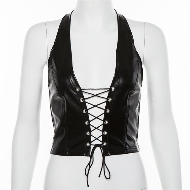 2021 Summer New European And American Style Women's Halter Neck Sexy Lace-Up Hollow Out Crop PU Tank Top For Women_ecoleips.com