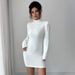 Cozy High-Neck Long-Sleeve Sweater Dress – Stretchy Bodycon Knit Dress For Women (S-XL, White, Wrinkle-Resistant, Beaded Detail)_ecoleips.com