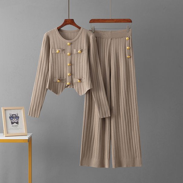 Elegant Knit Suit Set For Women - Slimming & Versatile Tweed Style Two-Piece Outfit With Long Sleeve Top And Pants_ecoleips.com