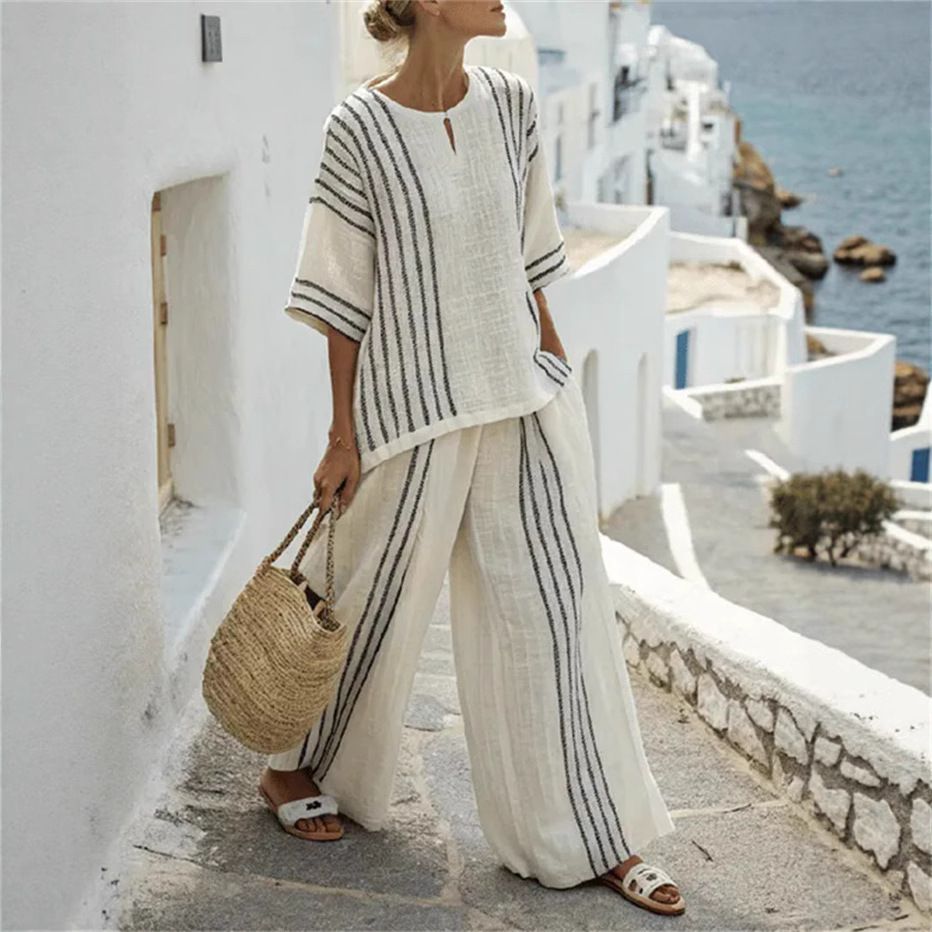 Women's round Neck Striped Printed T-Shirt And Wide Leg Pants Set Casual Comfortable Fashion Outfit_ecoleips.com