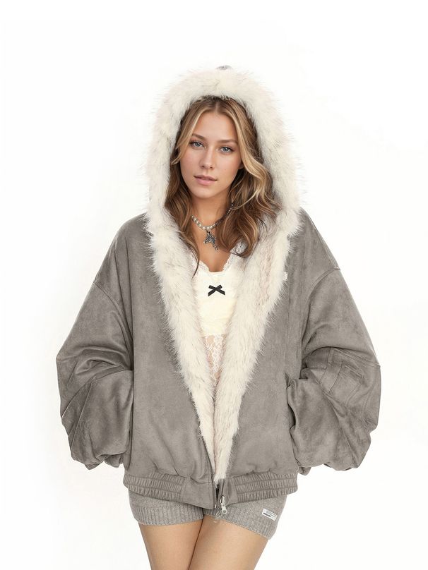 Street Design Plush Double-sided Hooded Jacket Women's Autumn And Winter Cold Jacket_ecoleips.com