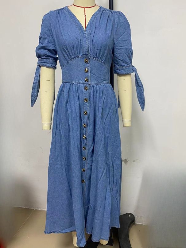 K New Women's Fashionable And Sexy V-neck Long Button Denim Dress_ecoleips.com