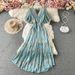 Women's Clothing Beach Vacation Dress Sexy V Neck Waist Slimming Long Chiffon Floral Beach Dress_ecoleips.com