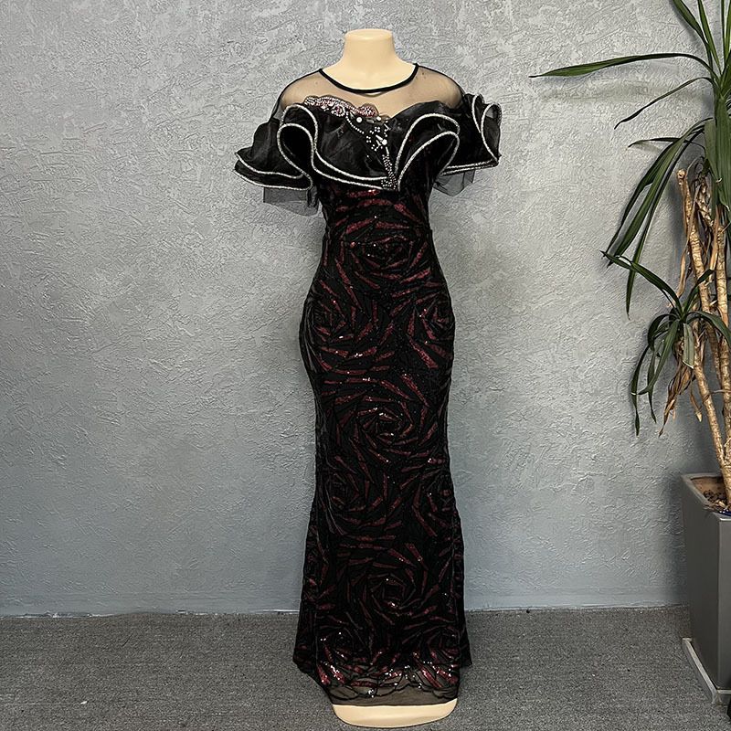 Women's Clothing Rose Shaped Sequins Slim Mermaid Evening Dress Long Skirt One Shoulder Lotus Leaf Luxury_ecoleips.com