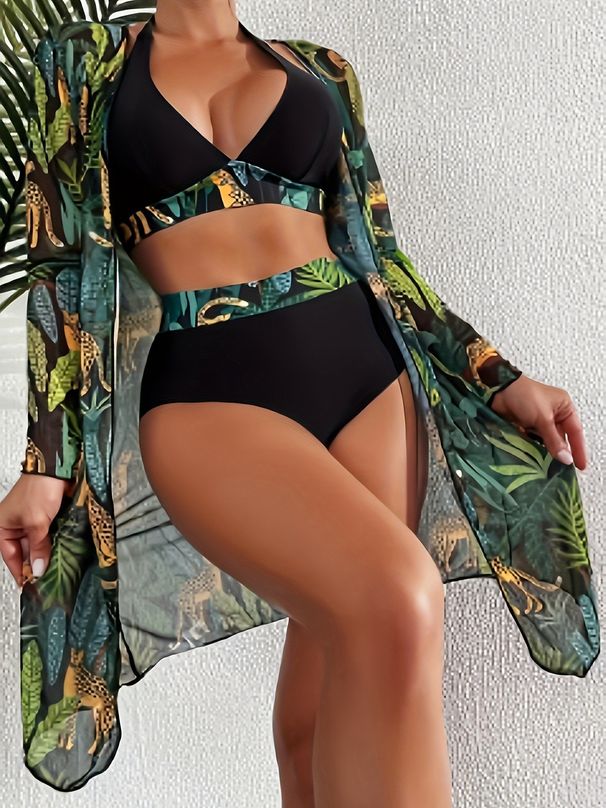Women's Clothing Women's Bohemian Style High-Waisted Three-Piece Swimsuit Set V-Neck Printed Bikini Two-Piece Clothing_ecoleips.com
