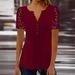 Women's Short Sleeve T-Shirt Lace Trim Pleated Solid Color Printed Button Up Casual Top_ecoleips.com