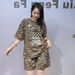 plus Size Women's Summer Casual Two Piece Set Leopard Print Crew Neck T-Shirt Rhinestone Short Sleeved Top with Matching Shorts Chubby Girls Cross Border American Style_ecoleips.com