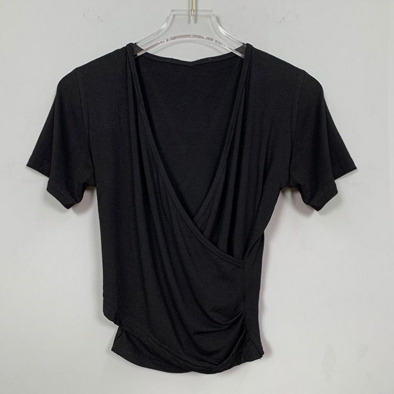 Women's Cross Front Low Cut V-Neck Slim Fit Cropped Tee, Convertible Backless Two-Way Stretch Top In Black And Gray_ecoleips.com