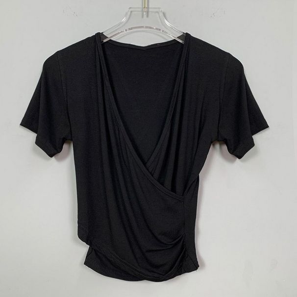 Women's Cross Front Low Cut V-Neck Slim Fit Cropped Tee, Convertible Backless Two-Way Stretch Top In Black And Gray_ecoleips.com