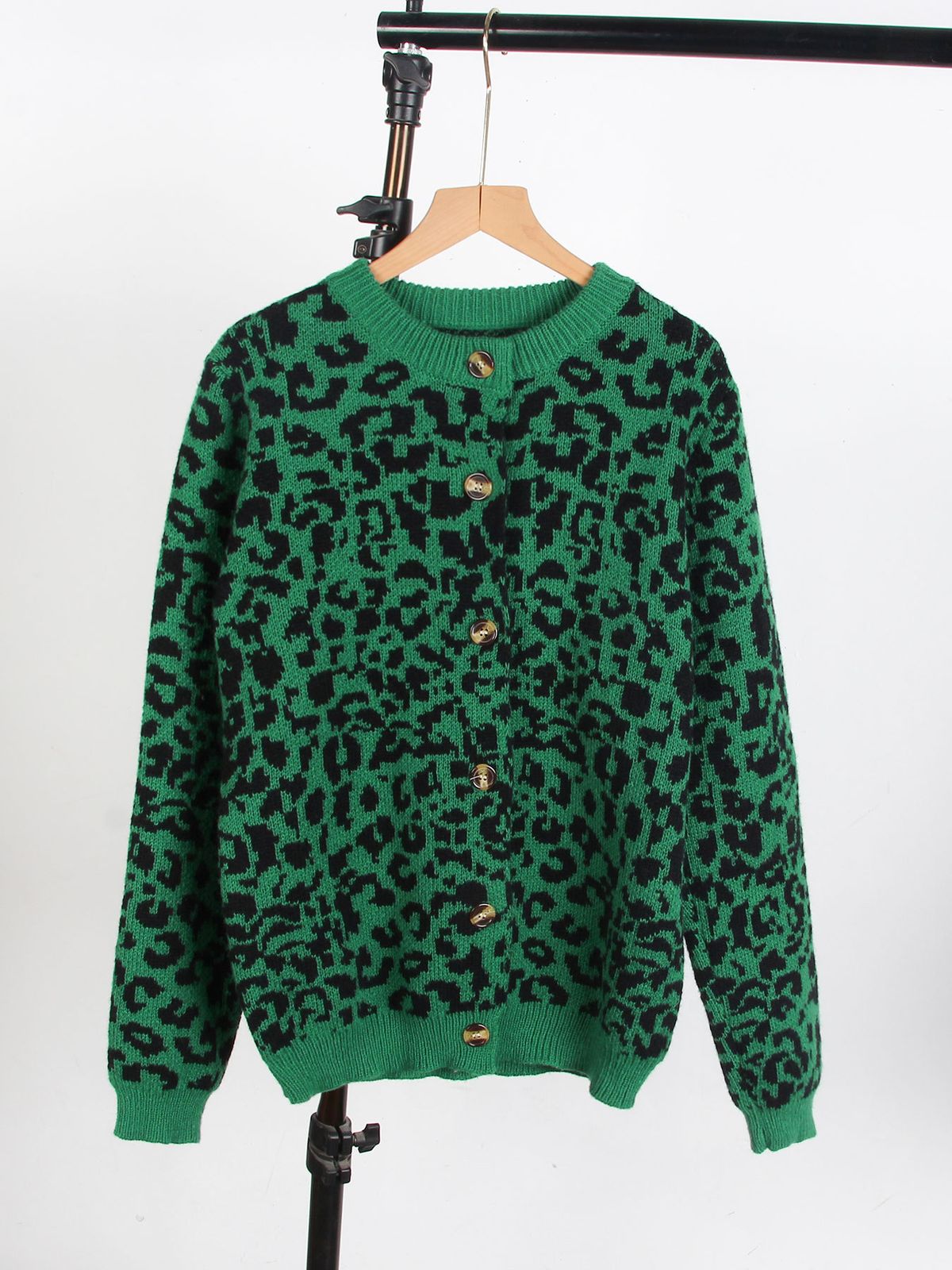 Women's Clothing Loose Knit Sweater Cardigan With Leopard Print - Long Sleeve Round Neck Oversized Pullover For Autumn Winter (Beige, Black, Khaki)_ecoleips.com