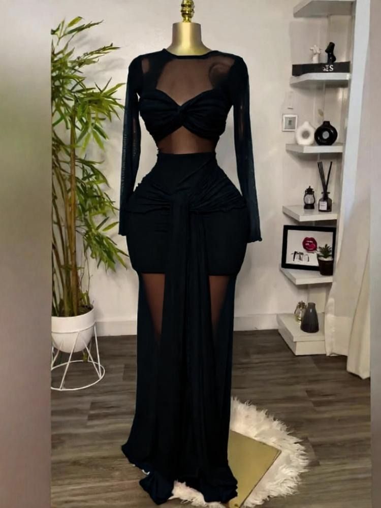 K Women's New Solid Color Long Sleeved Round Neck Chest Hugging Tight Temperament Long Dress_ecoleips.com