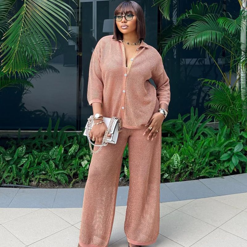 Women's Clothing Large Size Fashion Lapel Knitted Cardigan Wide Leg Trousers Two Piece_ecoleips.com