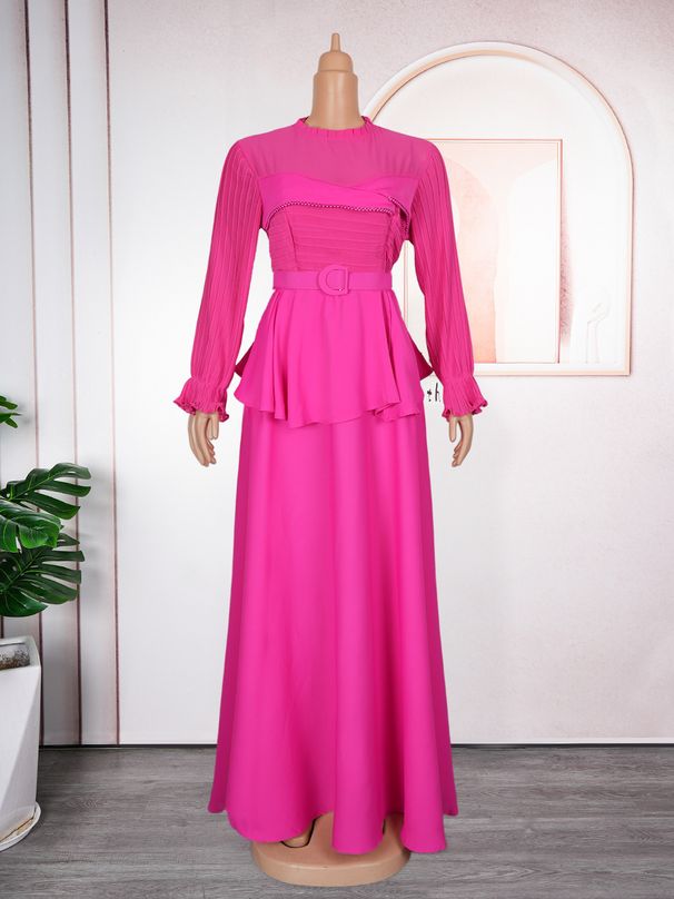 Plus Size Floral Print Chiffon Maxi Dress With Ruffled Hem & Elegant Pleats - A-Line Round Neck Casual Dress (L/XL/2XL/3XL, Light Blue/Rose/White)_ecoleips.com