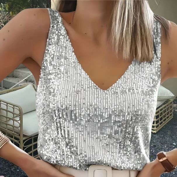 Sexy V-Neck Sequin Vest for Women Summer European American Style Mature Ladies Fashion Top_ecoleips.com