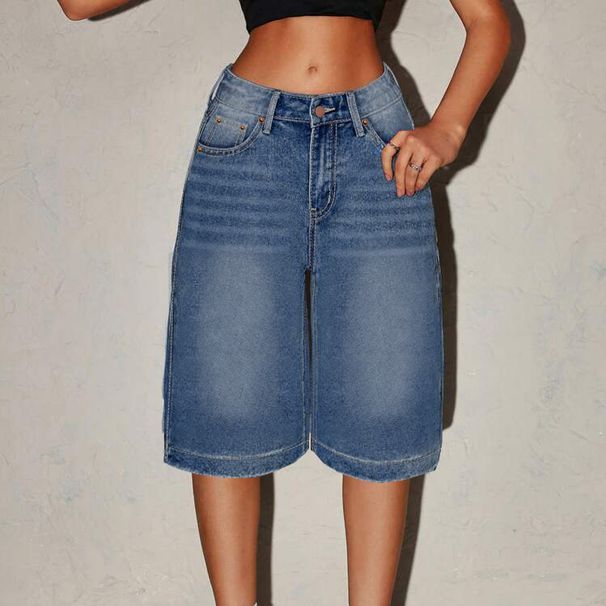 Women's Washed Straight Leg Denim Shorts - Loose Fit Wide Leg Mid-Length Casual Summer Shorts_ecoleips.com