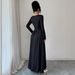 Elegant Black Midi Dress for Women Square Neck Long Sleeve A-Line Flowy Office Wear Daily Casual Dress_ecoleips.com