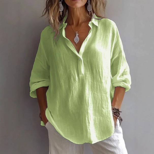 Verve 2025 Spring Summer Solid Color Casual Loose Long Sleeve Linen V-neck Shirt Women_ecoleips.com