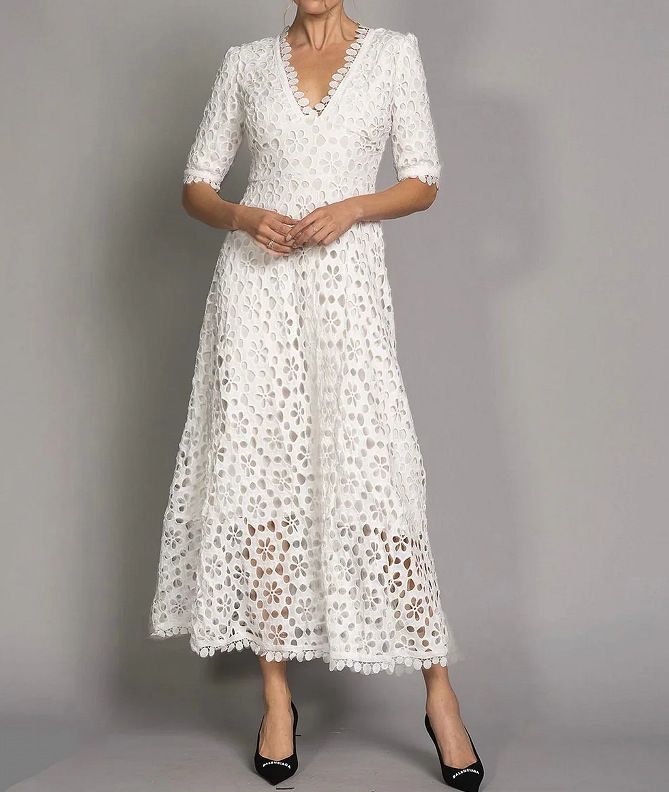 Elegant V Neck White Lace Long Dress Temperament Commute Floral Evening Party Gown Formal Dinner Dress_ecoleips.com
