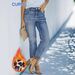 Women's High-Waisted Flared Jeans – Vintage Washed, Leopard Print Cuff, Stretch Denim (0xl-3xl, Plus Size, Fleece-Lined, 9/10 Length, Light Blue)_ecoleips.com