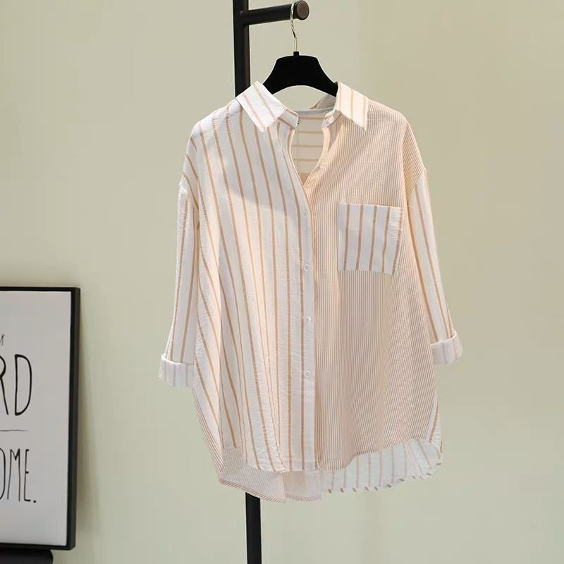 Women's Linen-Blend Striped Shirt – Oversized Boho Chic Top With Contrast Pocket (S-2xl, Wrinkle-Resistant Polyester) – Navy, Matcha, Tangerine_ecoleips.com
