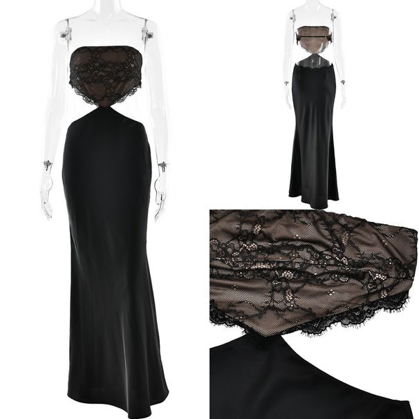 Absobe Women Satin Strapless Evening Maxi Dress Sexy Backless Triangle Lace Trim Patchwork Long Gown Slim Elegant Party Outfit_ecoleips.com