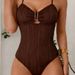 Women Textured Tummy Control One Piece Swimsuit, Halter Cutout Gold Hardware Bathing Suit Slimming High Cut Swimwear For Beach Vacation_ecoleips.com