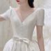 2025 New French Simple V Neck White Satin Light Wedding Dress_ecoleips.com