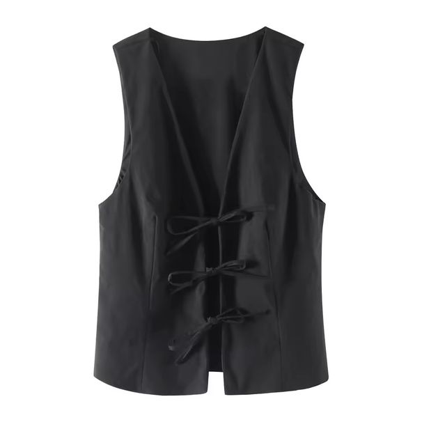 HH Women Elegant Lace Up V-Neck Waistcoat Sleeveless Tie Front Slim Vest Casual Office Wear Retro Y2K Street Fashion Chic Top_ecoleips.com