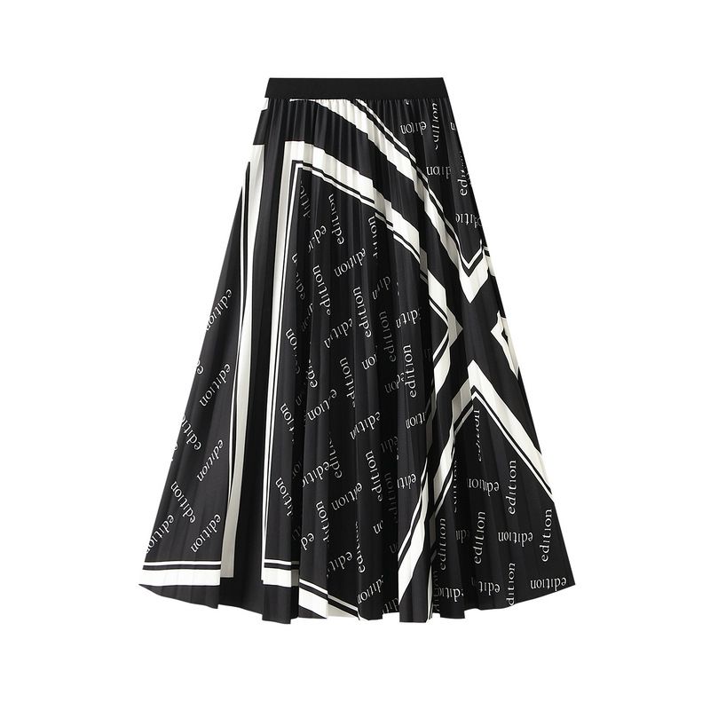Women's Clothing Pleated Letter Printed Skirt For Women Autumn New Elastic Waist Mid Length Large Swing Umbrella Skirt_ecoleips.com