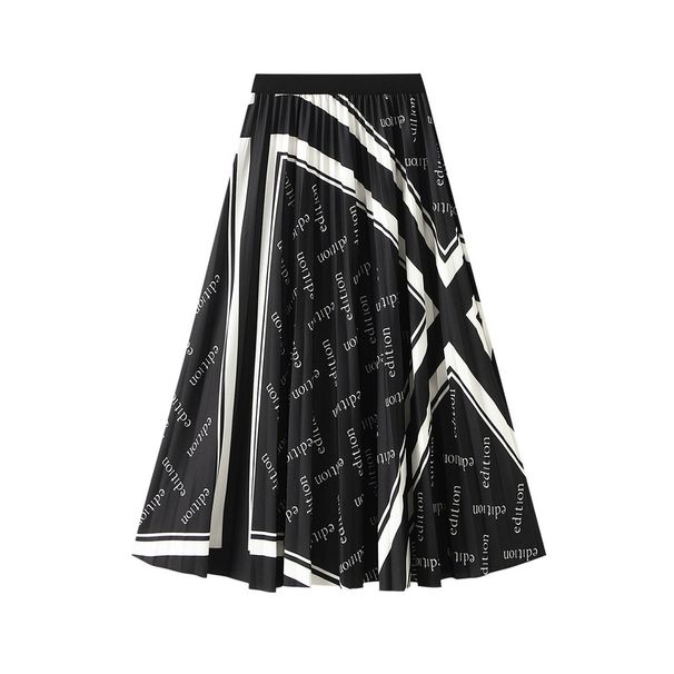 Women's Clothing Pleated Letter Printed Skirt For Women Autumn New Elastic Waist Mid Length Large Swing Umbrella Skirt_ecoleips.com