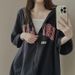 Women's Short Sleeved Cardigan Grey Sweatshirt Korean Style Sporty Loose Hoodie with Zipper Spring Summer 2023 Unique Design_ecoleips.com