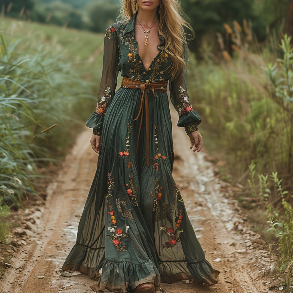 Autumn Retro Country-Style V-Neck Printed Long-Sleeved Dress_ecoleips.com