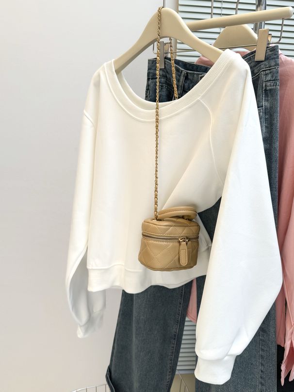 Real Shot Of The 2025 New Spring/autumn Solid Color Thin Long-sleeve Sweatshirt For Women, Loose Fit, With Fleece Lining_ecoleips.com