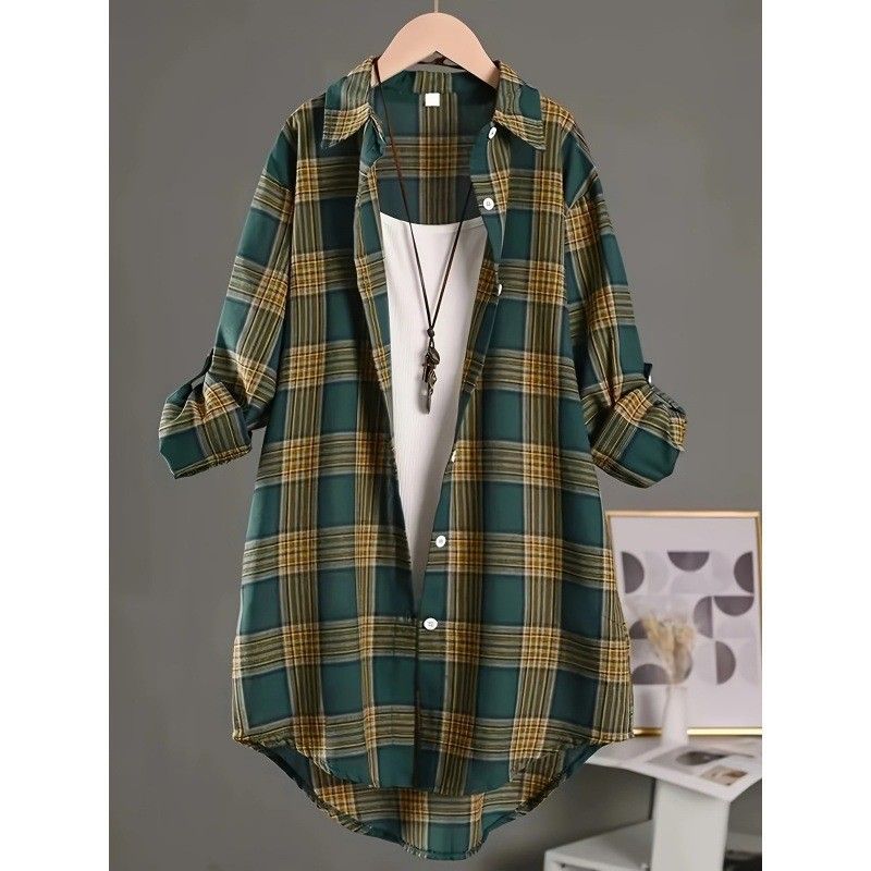 Plaid Cotton And Linen Shirt Women's Long Sleeve Hot Sale Casual Foreign Style Mid-Length Fashion Loose Shirt Jacket_ecoleips.com