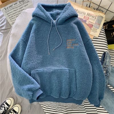 Women's Clothing Fleece Hoodie – Oversized Cozy Pullover With Hood, Soft Sherpa Lining, Trendy Streetwear For Fall & Winter (Apricot, Blue)_ecoleips.com