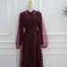 Voya Women's 2 Piece 3D Circular Cutout Chiffon Dress With Beaded Waist Belt Lantern Sleeves, Elegant Evening Gown For Parties, Weddings, Burgundy_ecoleips.com