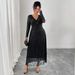 Women's Clothing Plus Size Clothes Luxury Jacquard Long Sleeve Dress – Elegant V-Neck Tie-Waist Gown With Mesh Detailing_ecoleips.com