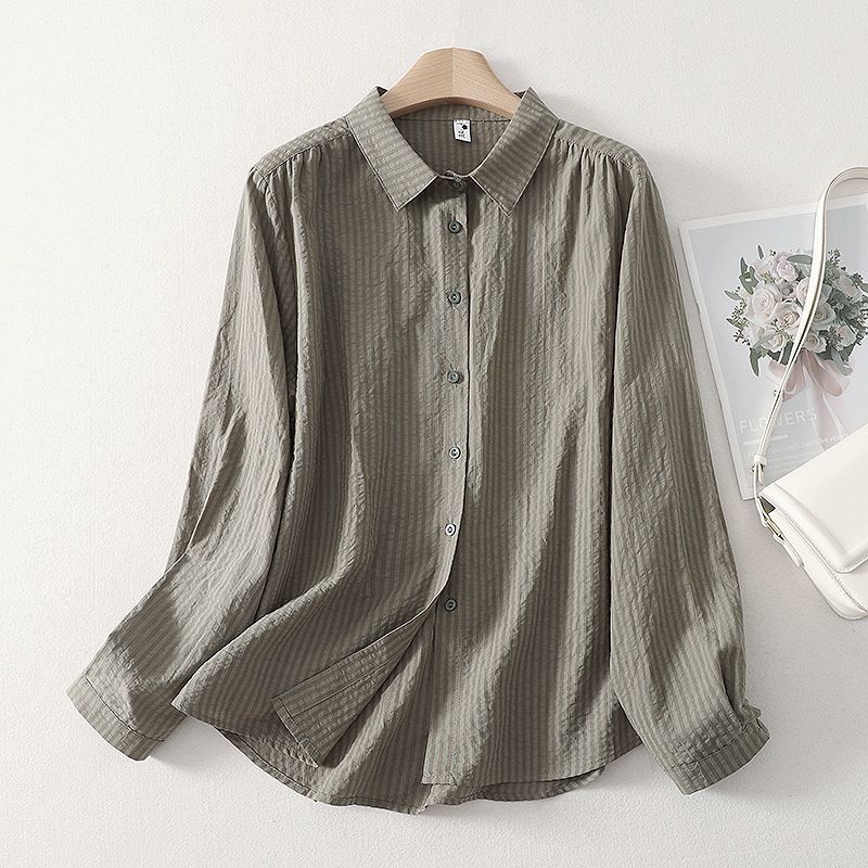 Women's Clothing Cotton Long Sleeved Shirt Loose Striped Retro Style Base Top Spring New Style For Women_ecoleips.com