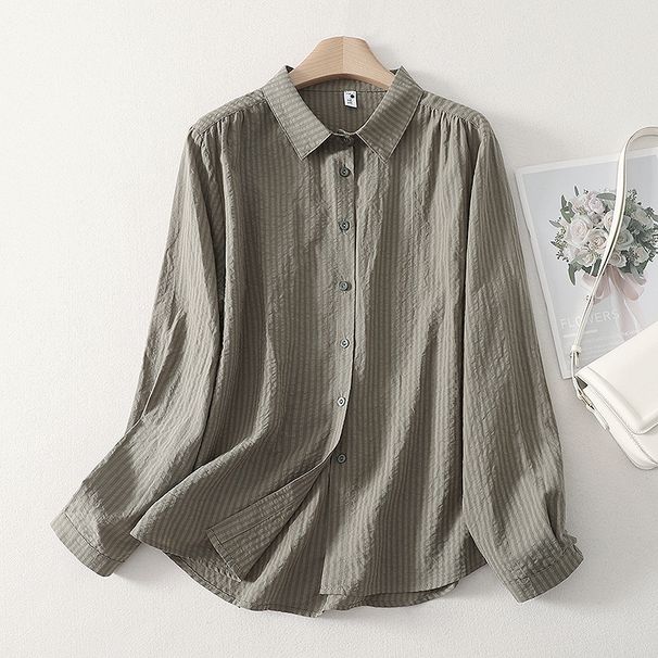 Women's Clothing Cotton Long Sleeved Shirt Loose Striped Retro Style Base Top Spring New Style For Women_ecoleips.com