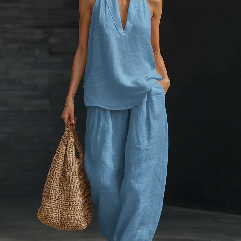 Plus Size Camisole American Style Halter Neck V Neck Cotton Linen Blend Commuting Top For Slightly Chubby Figures_ecoleips.com