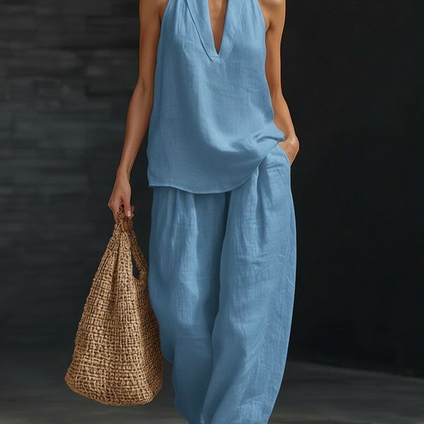 Plus Size Camisole American Style Halter Neck V Neck Cotton Linen Blend Commuting Top For Slightly Chubby Figures_ecoleips.com