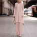 Muslim Fashion Women's Clothing Spring Autumn New Solid Color Sleeve Lace Placket Round Neck Top And Long Pants Set_ecoleips.com