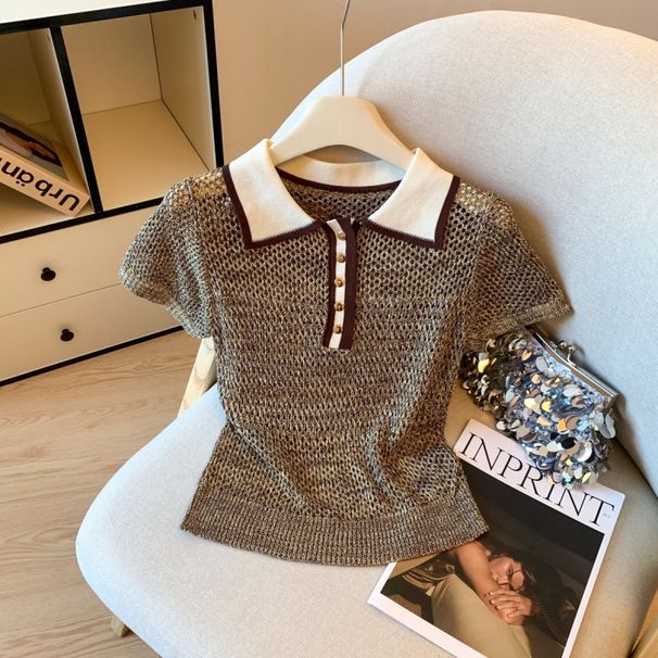 Women's Old Fashion Style Knitted Short Sleeved Top Hollowed Out Chic Design With Inspired Light Luxury Polo Collar_ecoleips.com