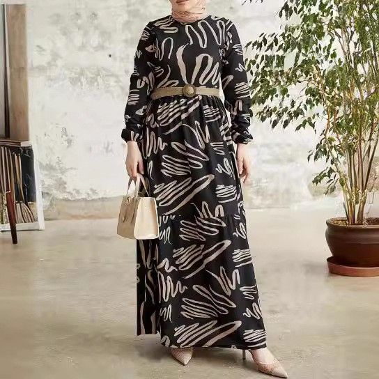 Elegant Muslim Abaya Dress With Belt Long Sleeve Flowy Maxi Dress For Women, Modest Islamic Fashion, Breathable Polyester, Print Design (Black, S-XXL)_ecoleips.com