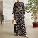 Elegant Muslim Abaya Dress With Belt Long Sleeve Flowy Maxi Dress For Women, Modest Islamic Fashion, Breathable Polyester, Print Design (Black, S-XXL)_ecoleips.com