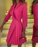 Women's V Neck Belted mid Sleeve Pleated Dress Fashionable Waist Cinching Casual Thin Dress for Spring/Summer Ages 16-45_ecoleips.com