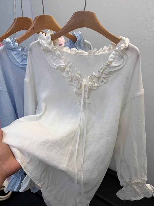 Water Forest French Romantic Linen Handmade Edge V-Neck Tie Shirt Women, Loose And Versatile Top For Women_ecoleips.com