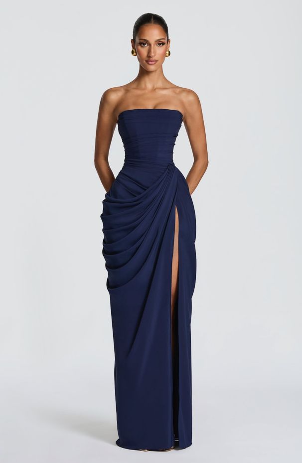 Women's Elegant Strapless Ruched High Slit Maxi Dress – Sexy Formal Party Gown For Banquet_ecoleips.com
